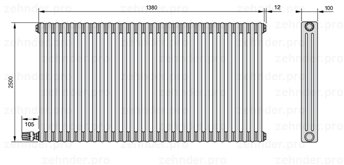 Схема (чертеж) Радиатор Zehnder Charleston 3250/30 №V003 Белый глянцевый RAL 9016